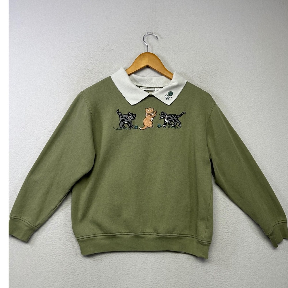 Vintage Grannycore Hasting & Smith Women Small Green Embroidered Cat Sweatshirt